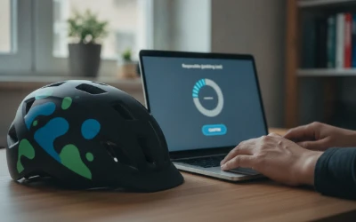 Cyclist helmet beside a laptop showing a responsible gambling limit screen